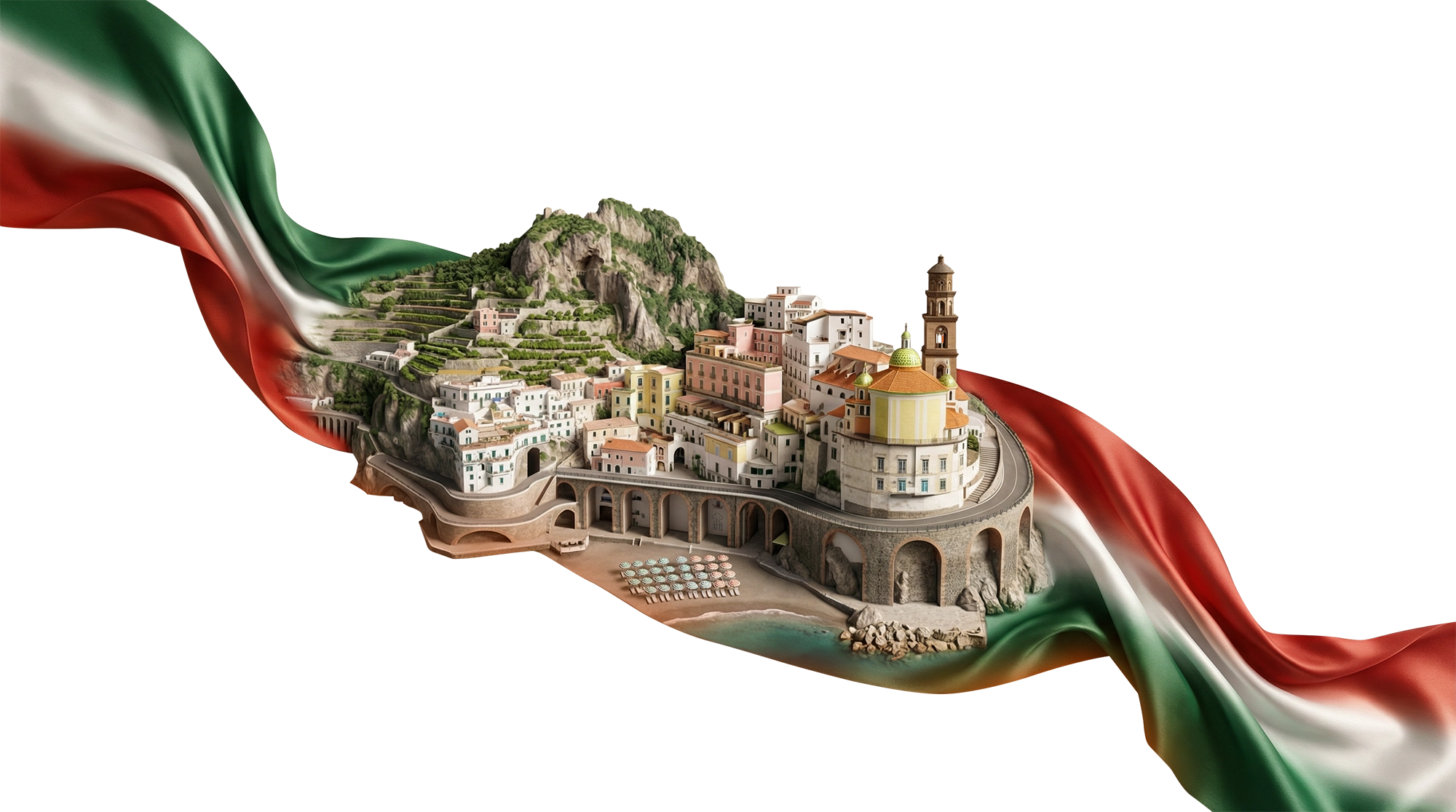 Amalfi Coast with Italian flag